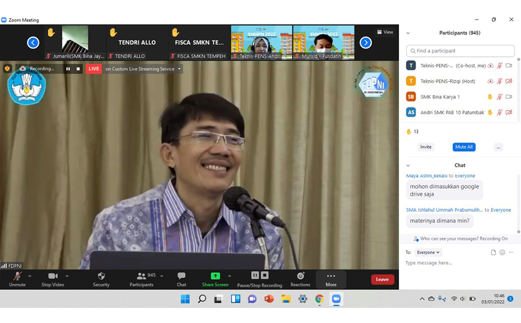 Ketua Forum Direktur Politeknik Negeri Se-Indonesia (FDPNI), Dr. Ing. Ahmad Taqwa, MT, menyampaikan sambutannya pada Acara Peluncuran SNMPN 2022